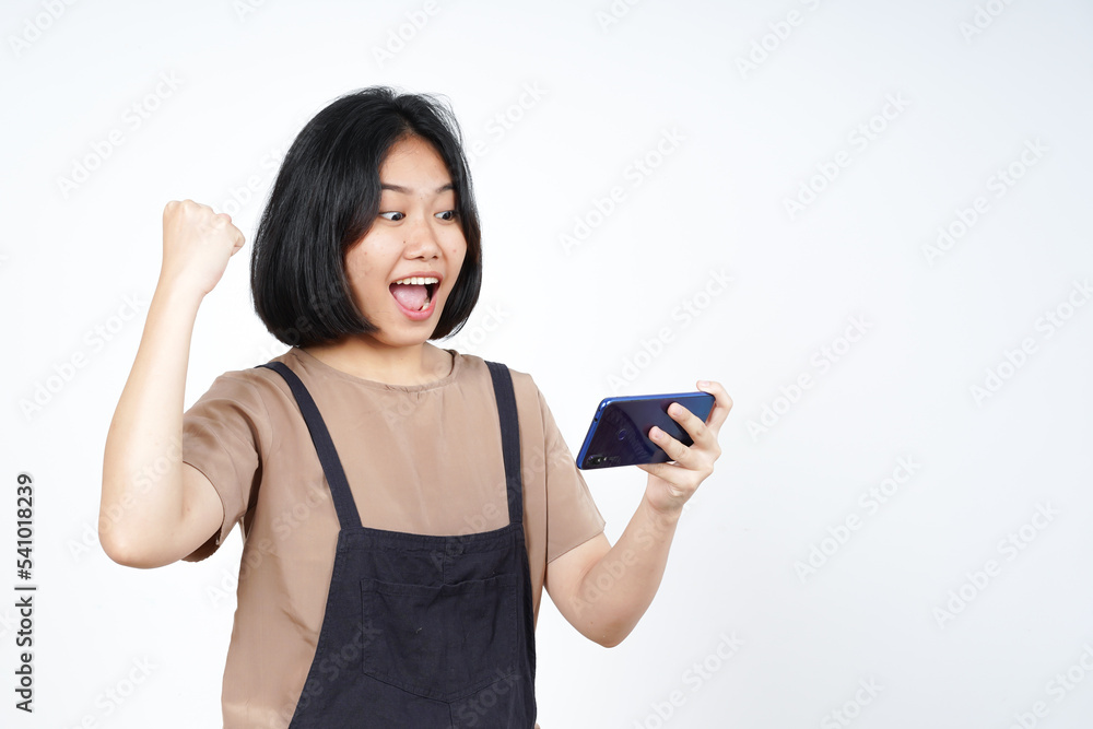 Playing Mobile Game on Smartphone of Beautiful Asian Woman Isolated On White Background Playing Mobile Game on Smartphone of Beautiful Asian Woman Isolated On White Background