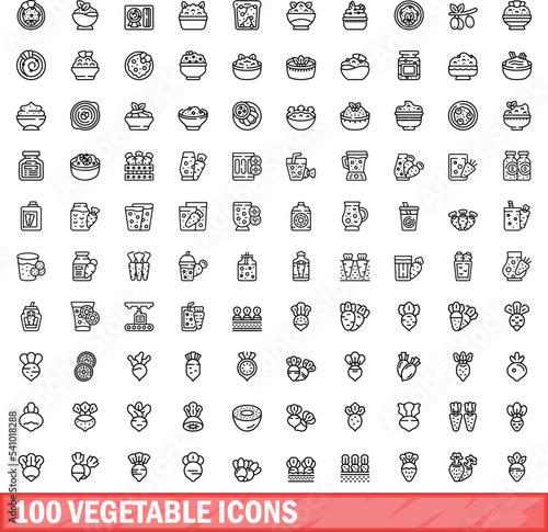 100 vegetable icons set. Outline illustration of 100 vegetable icons vector set isolated on white background