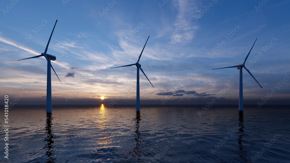Wind turbine farm with rays of light at sunset.  3d rendering.