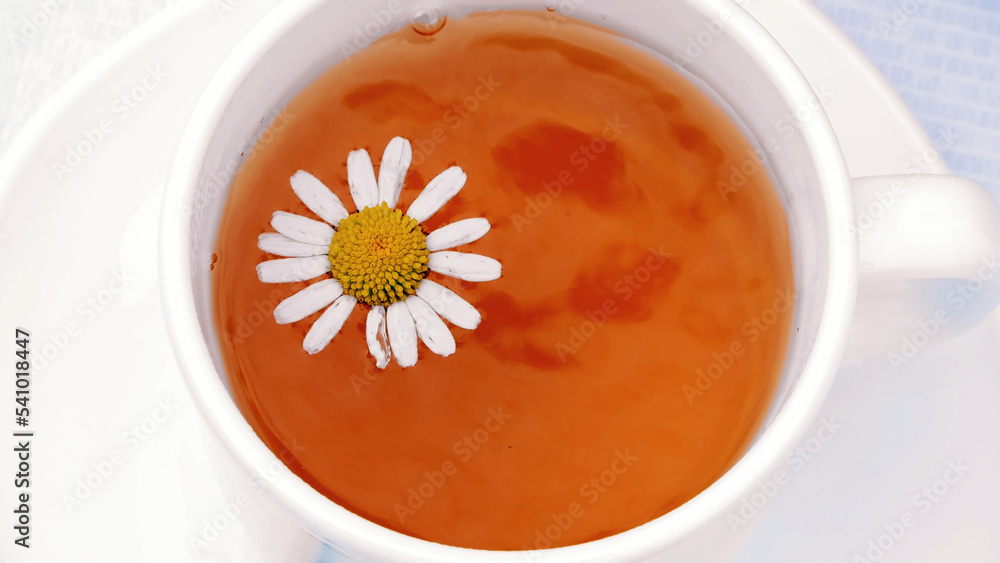 A close-up, a white cup with tea, a daisy flower floating on top of it. High quality photo A close-up, a white cup with tea, a daisy flower floating on top of it. High quality photo