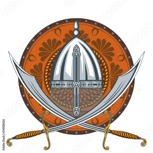 A protective shield of a Turkish or Arab warrior of the Middle Ages on a white isolated background. Vector illustration