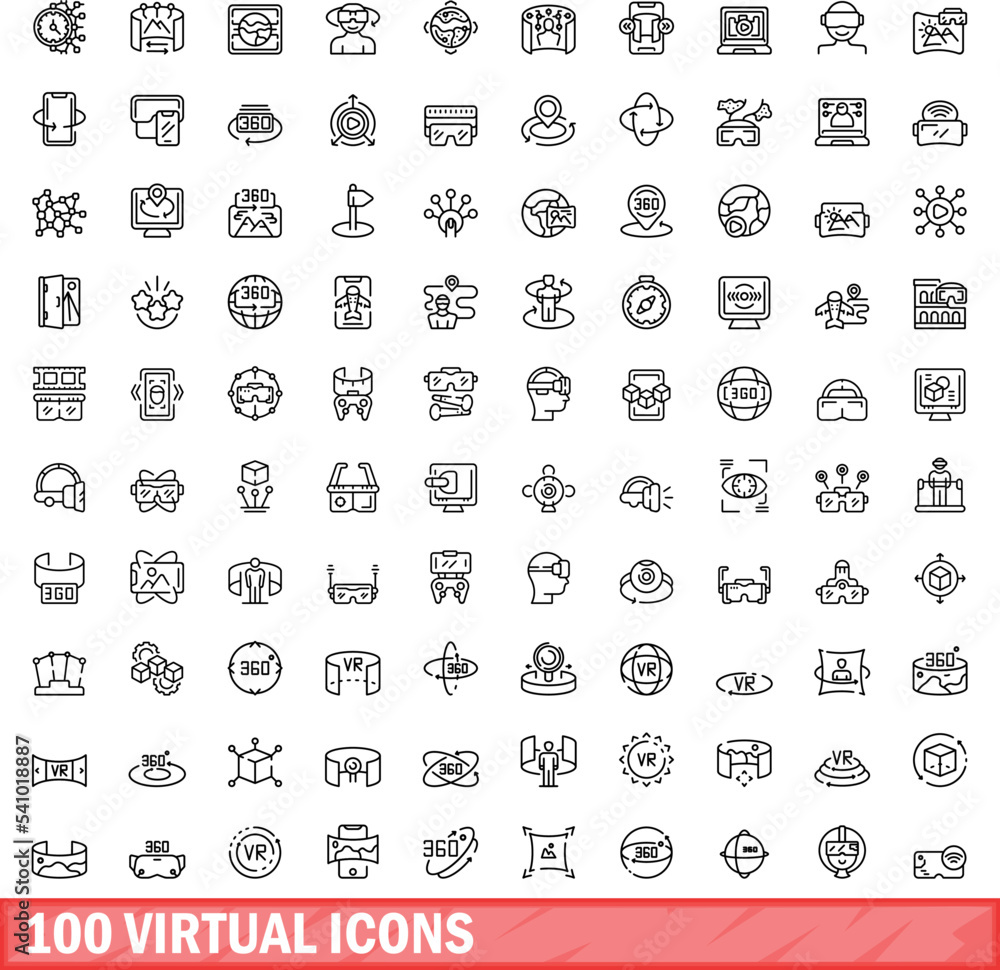 100 virtual icons set. Outline illustration of 100 virtual icons vector set isolated on white background 100 virtual icons set. Outline illustration of 100 virtual icons vector set isolated on white background