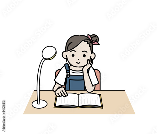 読書をする小学生の女の子のイラスト