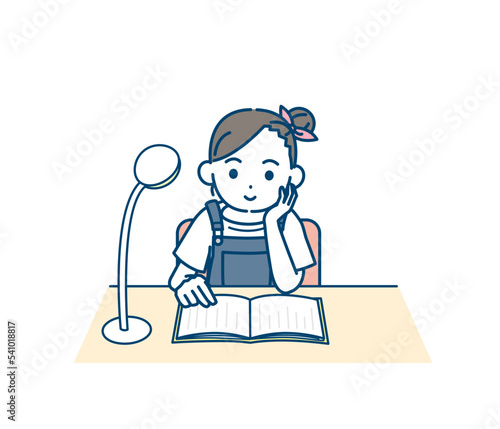 読書をする小学生の女の子のイラスト