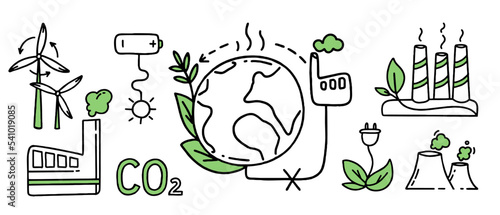 Set of elements Co2 climate change concept green energy Vector isolated doodle illustration