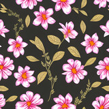 Elegant pink flowers on a dark brown background with gold leafs and branches