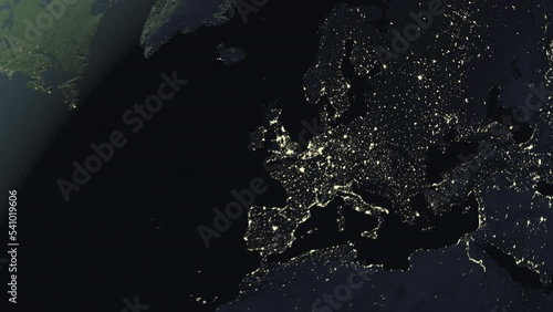 Seamless looping animation of the earth at night zooming in to the 3d map of Norway with the capital and the biggest cites in 4K resolution