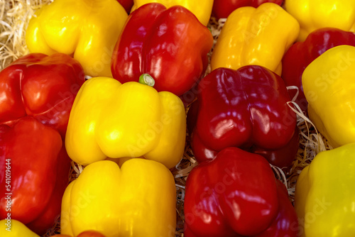 Red and yellow bell peppers top view. Peppers background. Selective focus.