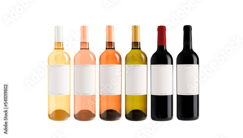 Bottles of wine set, isolated on transparent background. Rose, white and red wine. Wine collection. Origin France. With label.