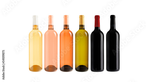 Wine collection, isolated on transparent background. Rose, white and red wine. Wine collection. Origin France. Without label.