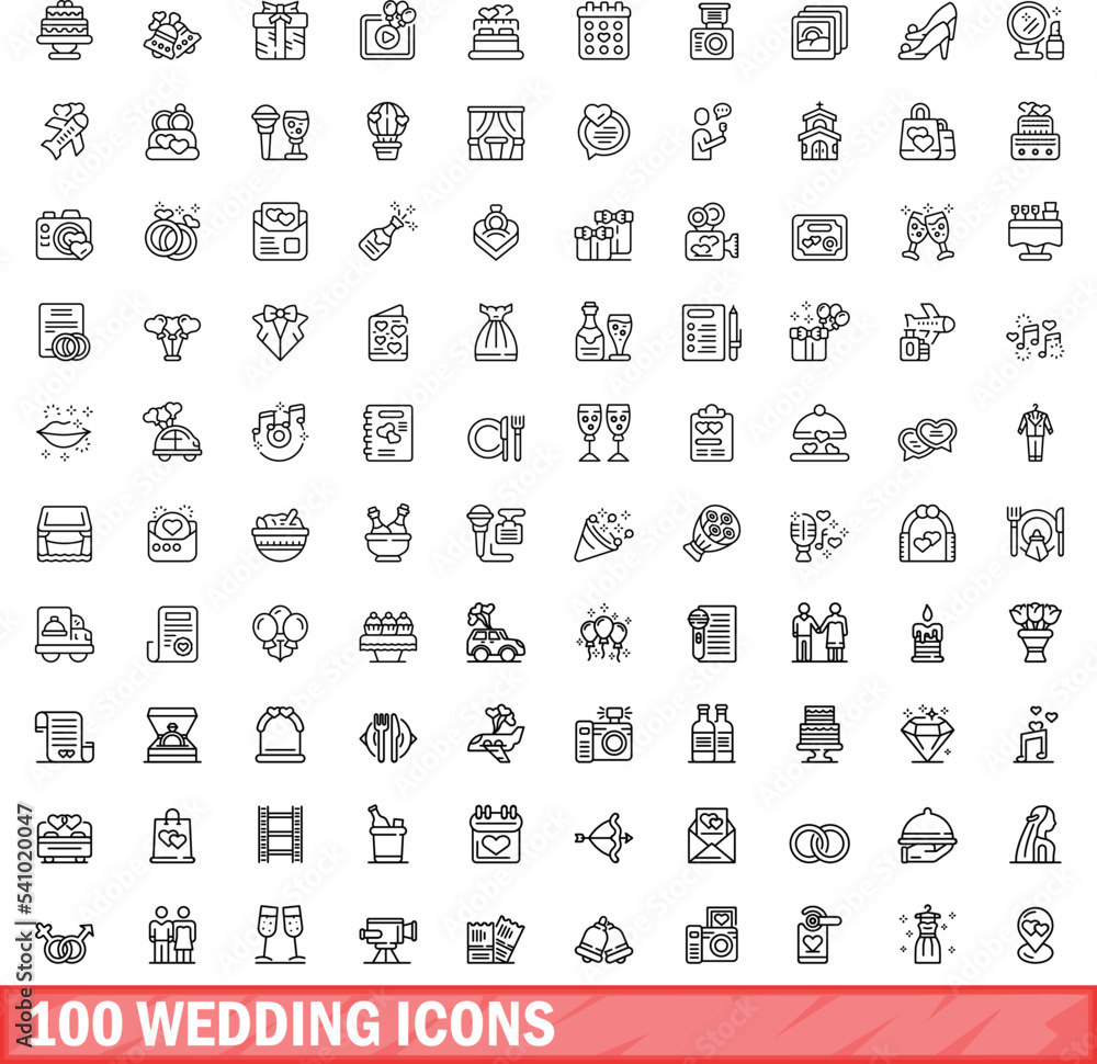 100 wedding icons set. Outline illustration of 100 wedding icons vector set isolated on white background