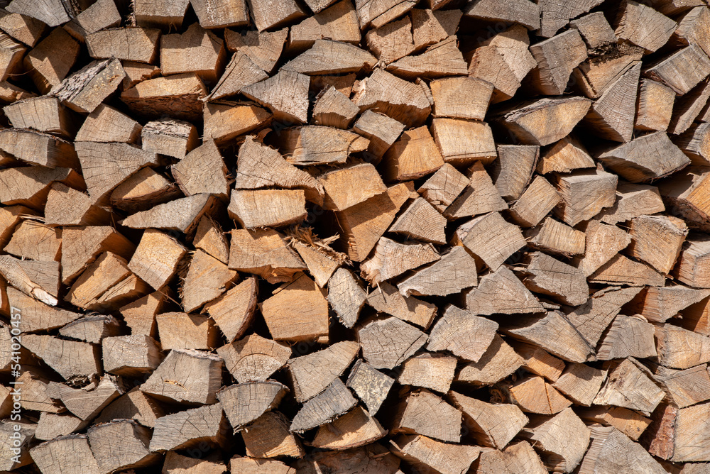 Chopped firewood stacked for storage Chopped firewood stacked for storage