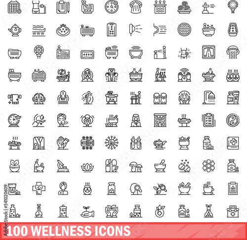 100 wellness icons set. Outline illustration of 100 wellness icons vector set isolated on white background