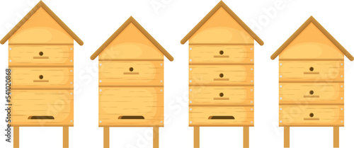 A beehive. A set of wooden beehives for honey bees. Bee houses made of wood in the form of houses. Vector illustration