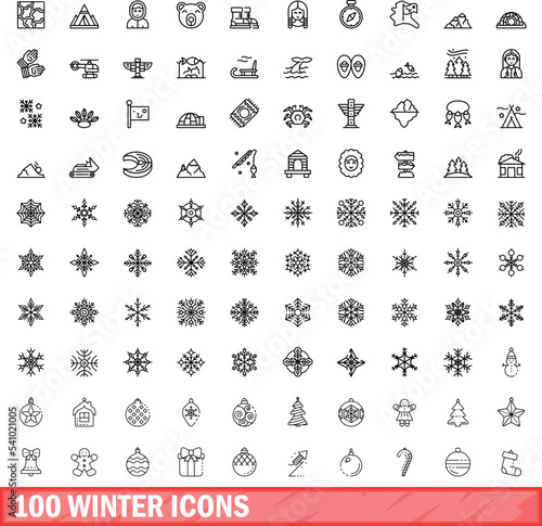 100 winter icons set. Outline illustration of 100 winter icons vector set isolated on white background