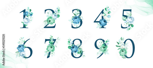 Watercolor floral numbers with flowers and leaves. Flowers composition for logo, cards, branding, etc