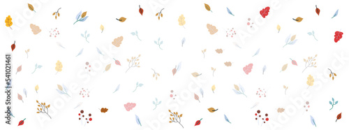 Autumn leaves and berries horizontal background with light copy space for text. Abstract childish multicolored foliage. Banner template Flat style vector illustration