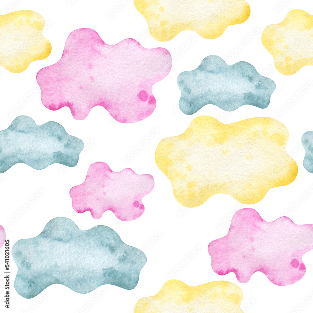 Watercolor seamless pattern with yellow, blue and pink clouds. Cute repeatable background for holiday designs