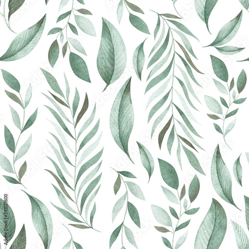 Watercolor seamless pattern with delicate foliage. Tender repeatable background for holiday designs