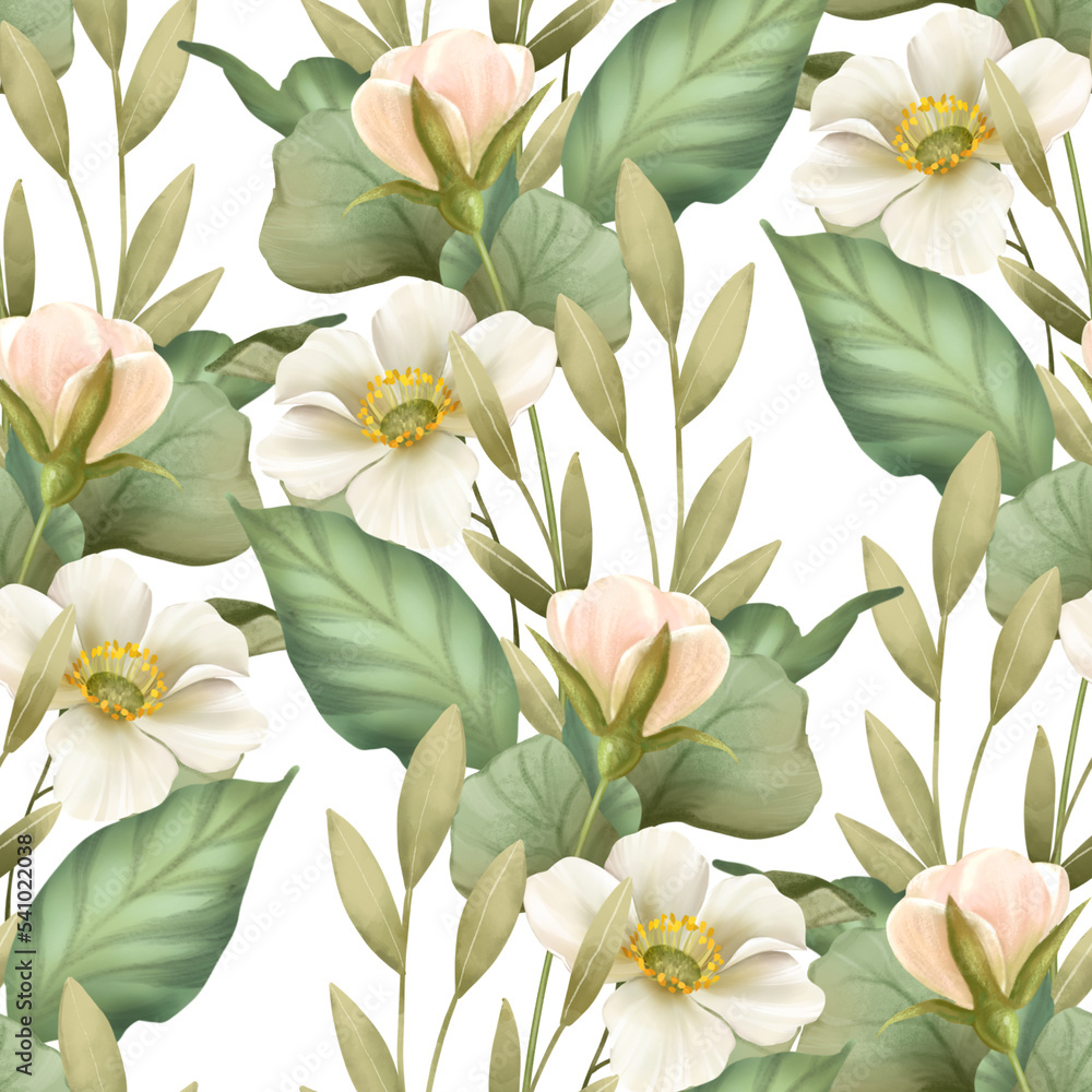 Obraz premium Delicate seamless pattern with leaves and white flowers