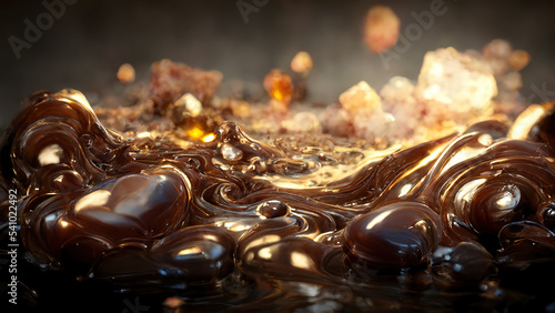 Chocolate splash close up in 3D style with shiny background 