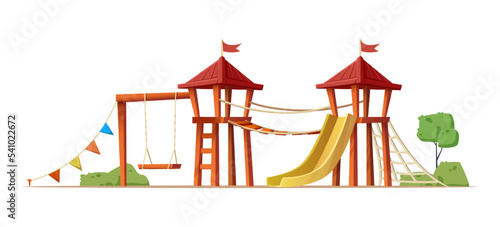 Isolated on white background. Cartoon style kids outside playground with slides, swings and castle.