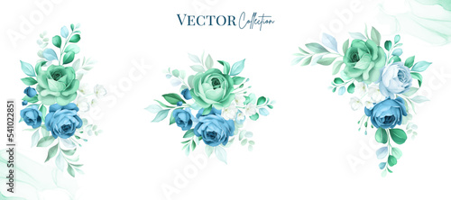 Set of watercolor floral bouquets of roses and leaves. Botanic decoration illustration for wedding card  fabric  and logo composition