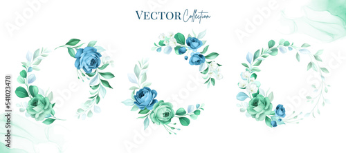 Set of watercolor floral frame bouquets of roses and leaves. Botanic decoration illustration for wedding card, fabric, and logo composition