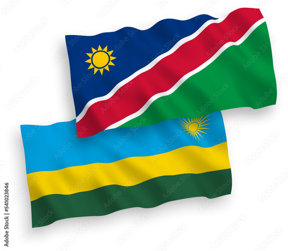 National vector fabric wave flags of Republic of Rwanda and Republic of Namibia isolated on white background. 1 to 2 proportion. National vector fabric wave flags of Republic of Rwanda and Republic of Namibia isolated on white background. 1 to 2 proportion.
