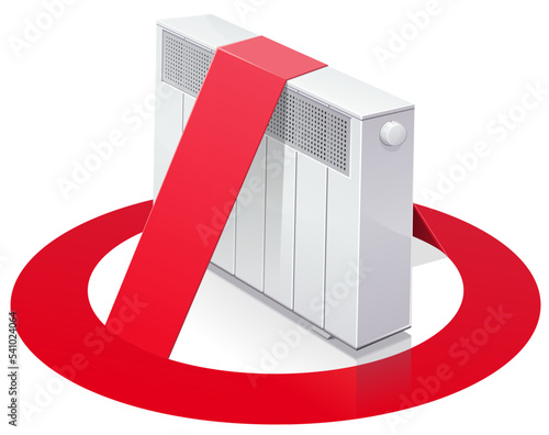 3D white radiator with the red circular prohibition symbol placed on it on an isolated white background