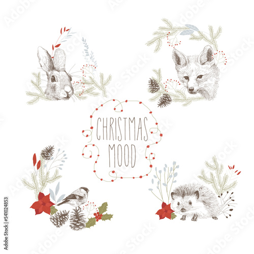 Vector Card with Hand Drawn Animals in Winter Wreaths with Spruce Branches and Fir Cones