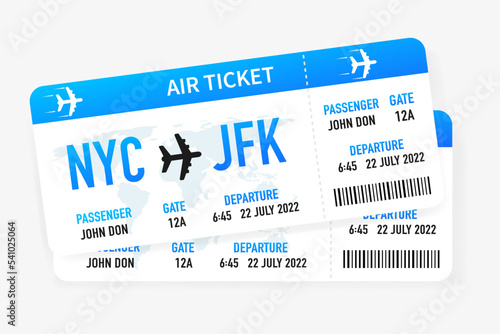 Two blue plane tickets on a white background. Vector illustration