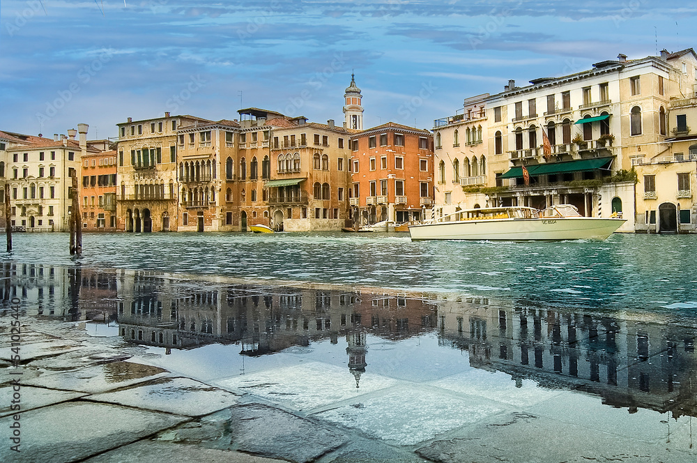 This is Aqua Alta on the embankment of the Grand Canal, high water, flooding in Venice, Italy.