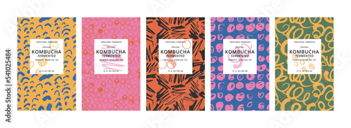 Vector set illustration design labels for kombucha with contemporary brushstroke seamless patterns.