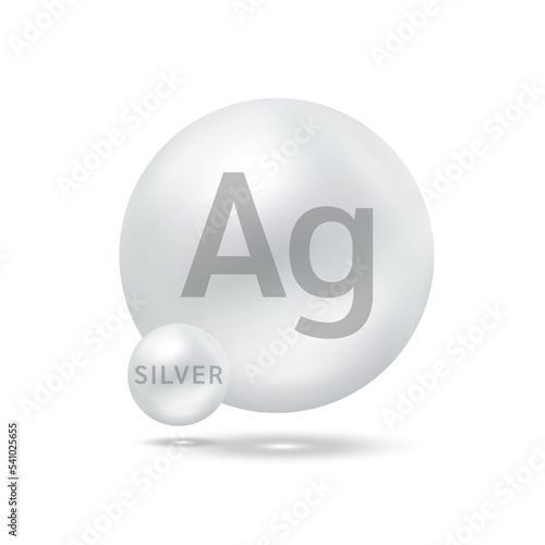 Silver molecule models silver. Ecology and biochemistry concept. Isolated spheres on white background. 3D Vector Illustration.