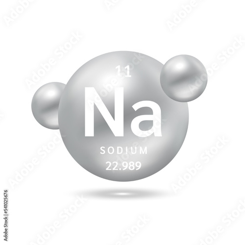 Sodium molecule models silver and chemical formulas scientific element. Natural gas. Ecology and biochemistry concept. Isolated spheres on white background. 3D Vector Illustration.