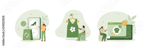 Sustainable fashion illustration set. Characters consciously buying recycling eco friendly or used second hand clothes and shoes. Reduce, reuse, recycle concept. Vector illustration.