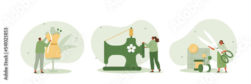 Fashion designing illustration set. Characters making sewing measurements, choosing material and using sewing machine to create clothes. Tailoring concept. Vector illustration.