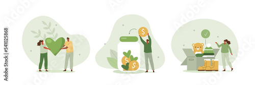 Donation illustration set. Volunteers collecting and packing used clothes in boxes for charity. Characters putting money and hearts in jar. Financial support concept. Vector illustration. photo