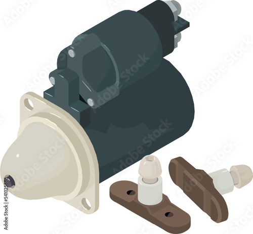 Detail icon isometric vector. Car starter and pair of new bicycle brake pad icon. Automotive and bicycle spare part