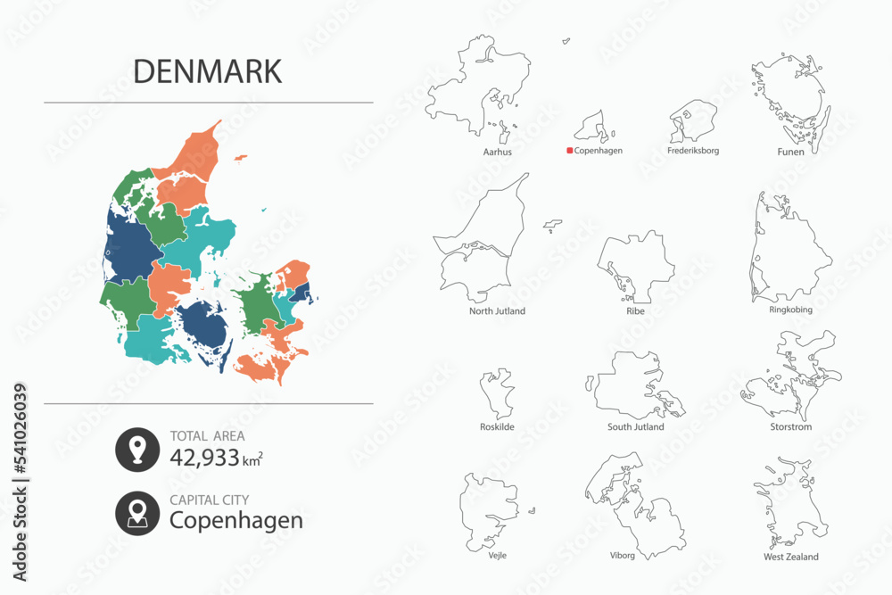 Map of Denmark with detailed country map. Map elements of cities, total areas and capital.