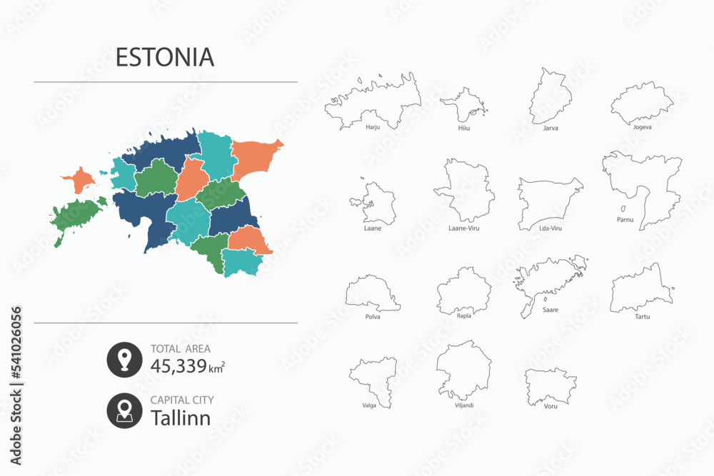 Naklejka premium Map of Estonia with detailed country map. Map elements of cities, total areas and capital.