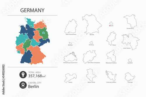 Map of Germany with detailed country map. Map elements of cities, total areas and capital.