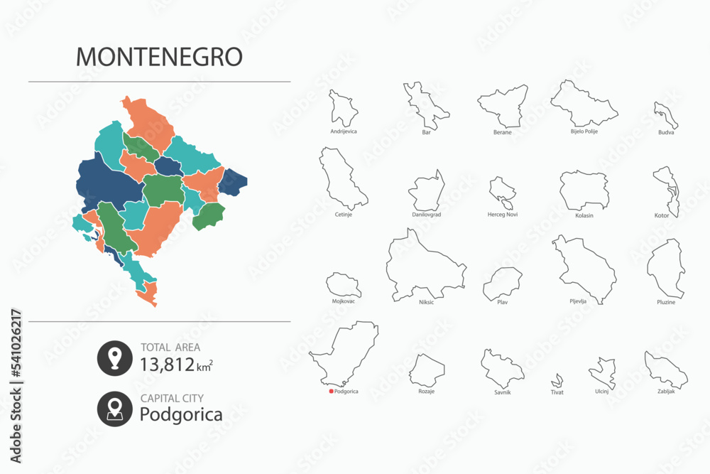 Map of Montenegro with detailed country map. Map elements of cities, total areas and capital.