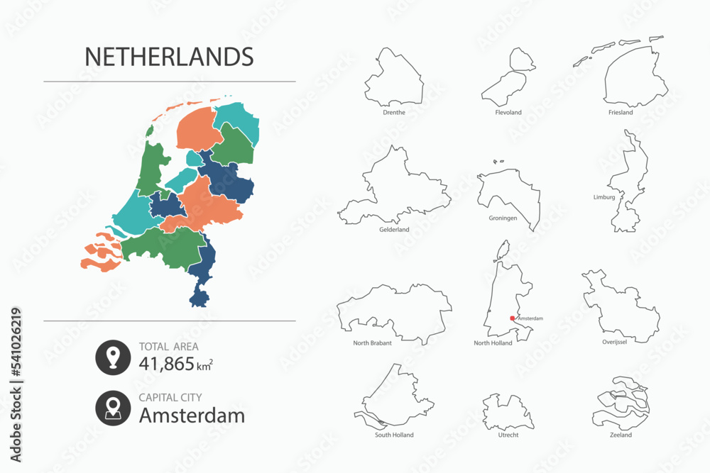 Fototapeta premium Map of Netherlands with detailed country map. Map elements of cities, total areas and capital.