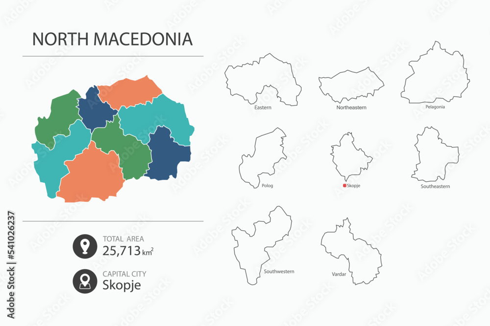 Naklejka premium Map of North Macedonia with detailed country map. Map elements of cities, total areas and capital.