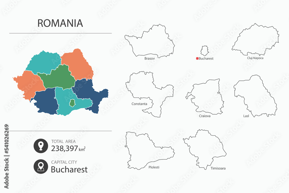 Map of Romania with detailed country map. Map elements of cities, total areas and capital.