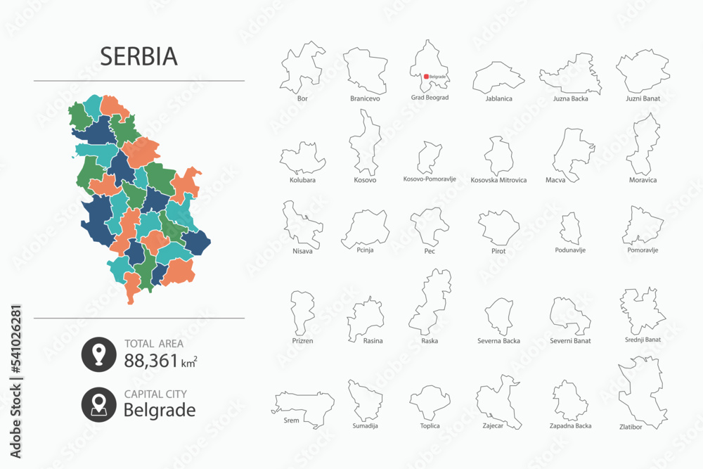 Map of Serbia with detailed country map. Map elements of cities, total areas and capital.