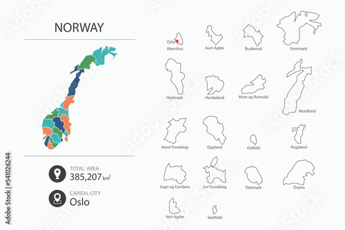 Map of Norway with detailed country map. Map elements of cities, total areas and capital.