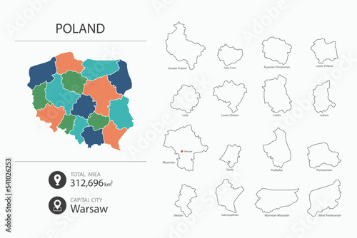 Map of Poland with detailed country map. Map elements of cities, total areas and capital.